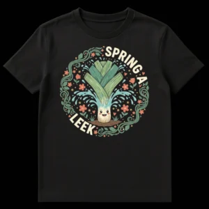 Whimsical cartoon leek t-shirt with "SPRING A LEEK" text and water splashes, set in a botanical frame on a black background. on Black t-shirt
