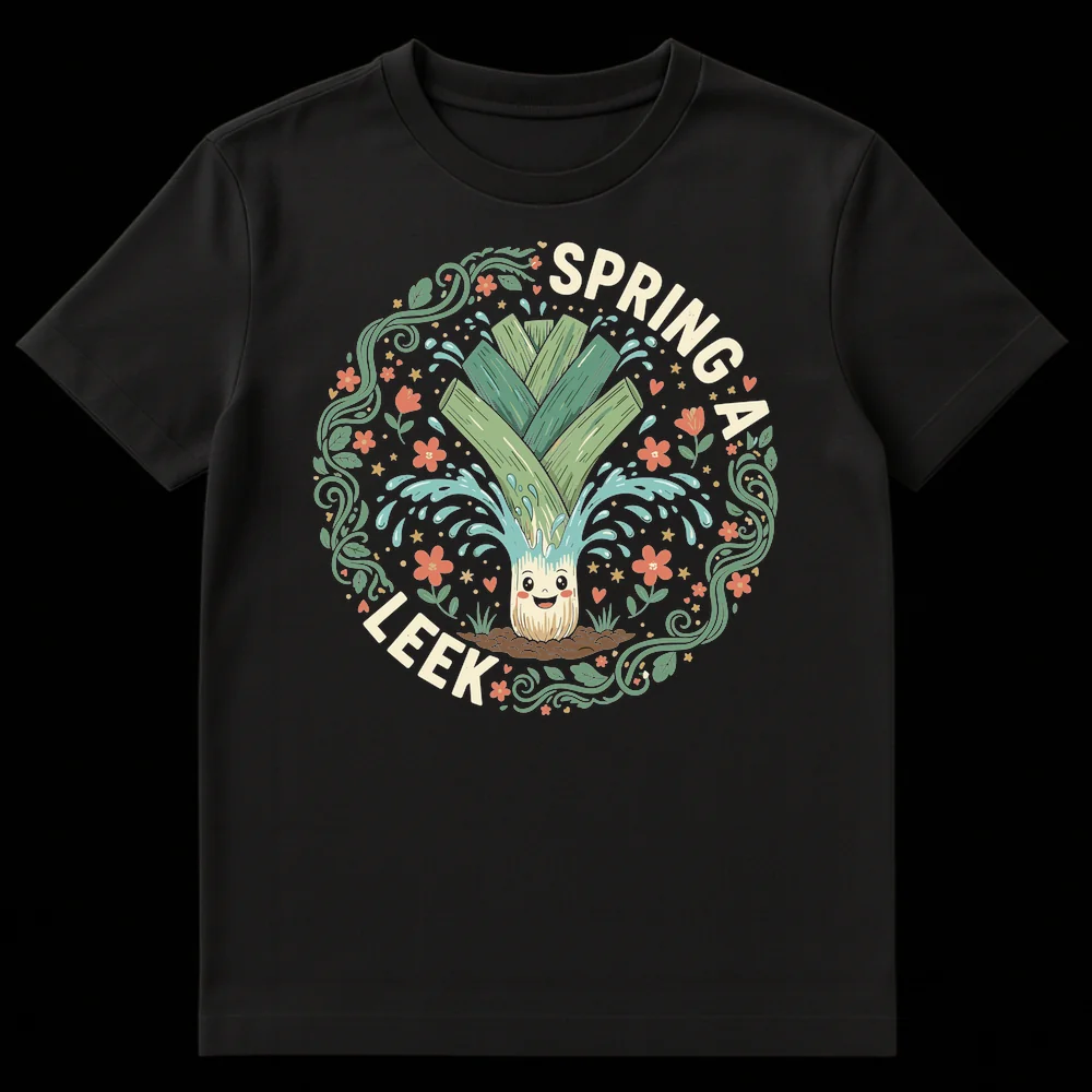 Whimsical cartoon leek t-shirt with "SPRING A LEEK" text and water splashes, set in a botanical frame on a black background. on Black t-shirt
