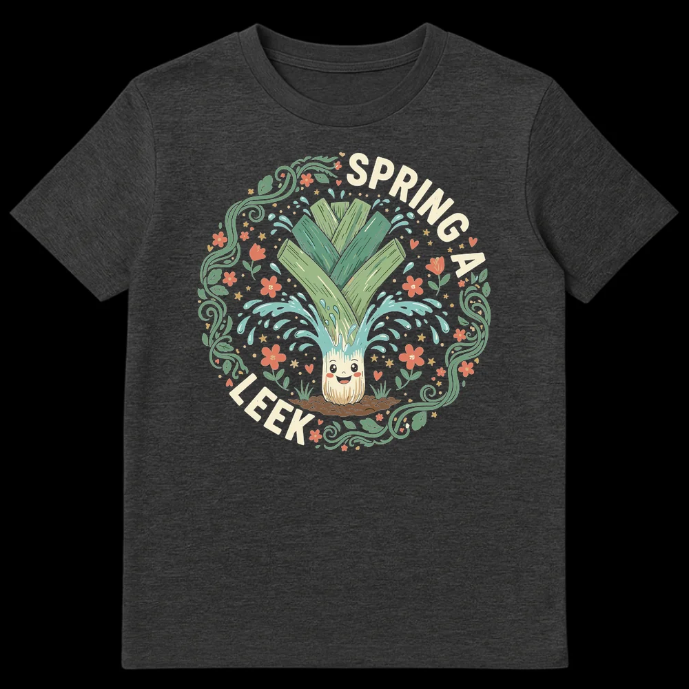 Whimsical cartoon leek t-shirt with "SPRING A LEEK" text and water splashes, set in a botanical frame on a black background. on Dark Heather t-shirt