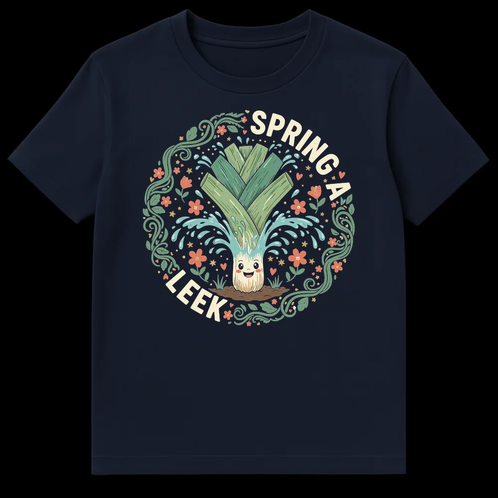 Whimsical cartoon leek t-shirt with "SPRING A LEEK" text and water splashes, set in a botanical frame on a black background. on Navy Blue t-shirt
