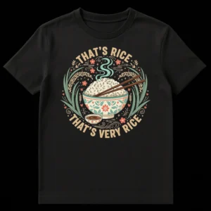 T-shirt with a bowl of rice, chopsticks, and 'THAT'S RICE THAT'S VERY RICE' text in a modern illustrative Asian folk art style on Black t-shirt