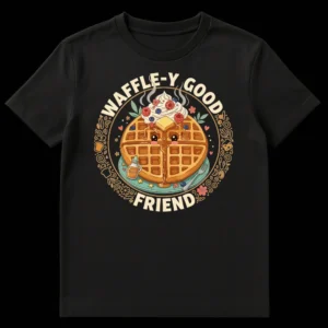 Cute anthropomorphic waffle on a plate with berries, whipped cream, butter, and a syrup bottle labeled 'SRIEND'. Text on shirt reads 'WAFFLE-Y GOOD FRIEND'. Design has an ornate breakfast doodle border on a black background. on Black t-shirt