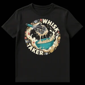 Whisk Taker t-shirt design featuring a cartoon whisk, mixing bowl, batter splashes, and decorative baking elements in a playful style on a black background. on Black t-shirt