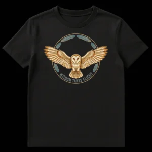 Stylized barn owl t-shirt design with 'Wisdom Takes Flight' text, circular frame, and teal feathers. on Black t-shirt