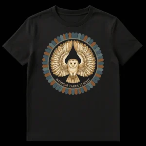Stylized barn owl with spread wings and 'WISDOM TAKES FLIGHT' text within a circular frame on a t-shirt, featuring earthy and muted colors. on Black t-shirt