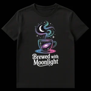 T-Shirt with 'Brewed with Moonlight' text and a steaming cup featuring a galaxy, moon, and stars on Black t-shirt