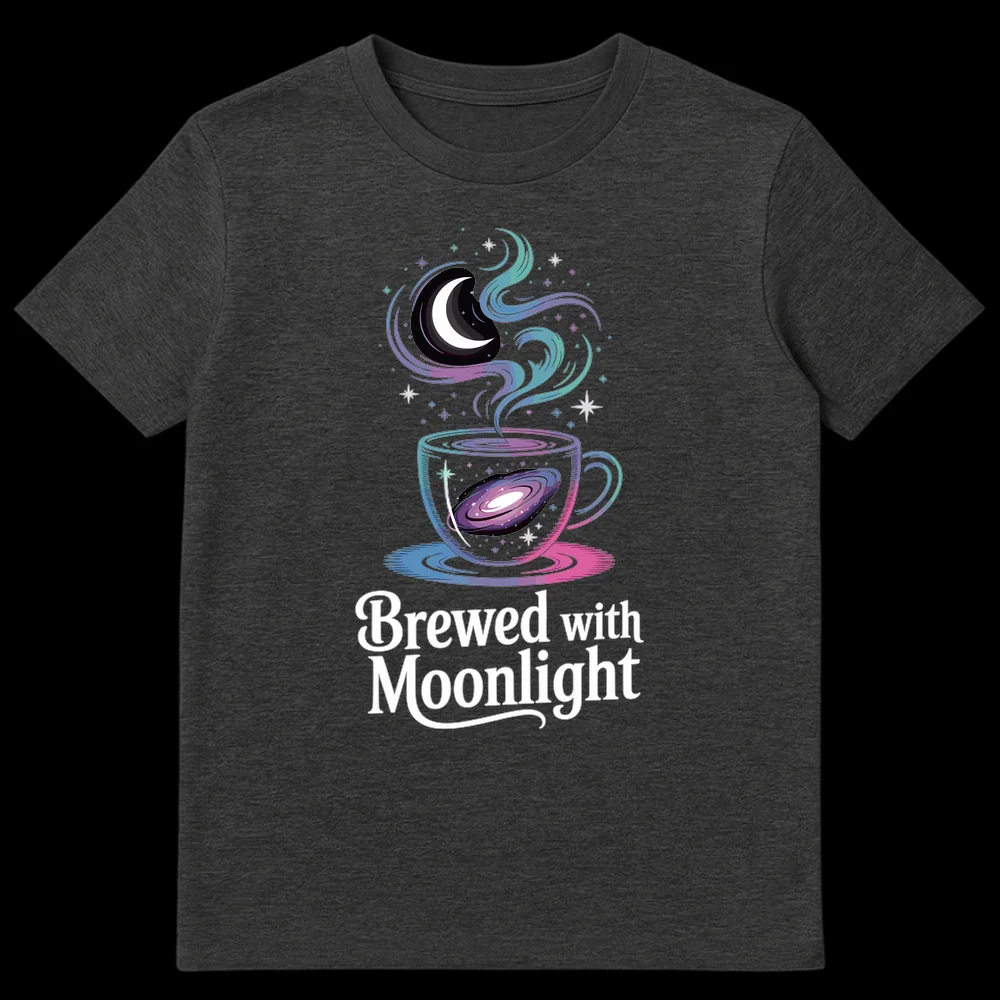 T-Shirt with 'Brewed with Moonlight' text and a steaming cup featuring a galaxy, moon, and stars on Dark Heather t-shirt
