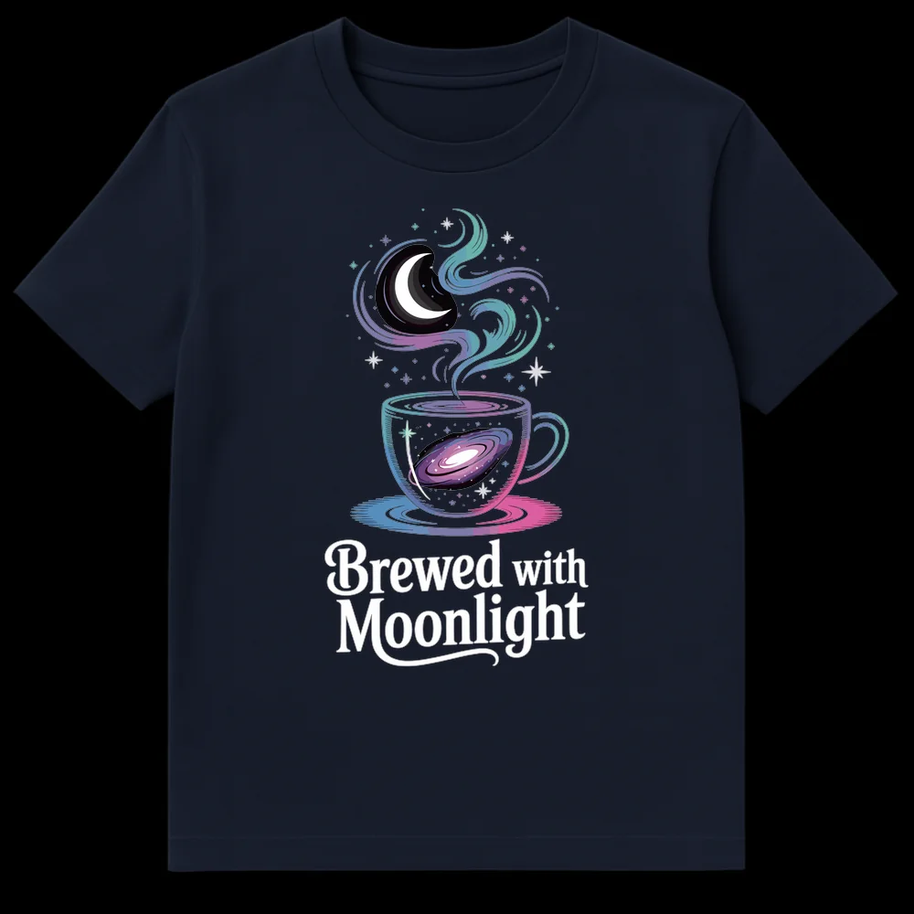 T-Shirt with 'Brewed with Moonlight' text and a steaming cup featuring a galaxy, moon, and stars on Navy Blue t-shirt