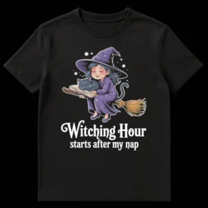 Whimsical witch on broom with sleeping cat, text 'Witching Hour starts after my nap', white outline on black t-shirt on Black t-shirt