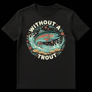 T-shirt with a vibrant rainbow trout leaping from water, text 'WITHOUT A TROUT', surrounded by splashes, stones, flowers, stars on a black background. on Black t-shirt