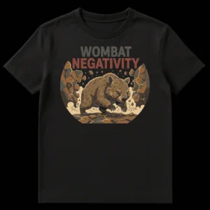 Wombat Negativity Pun T-Shirt featuring a charging wombat breaking through ground with distressed text "WOMBAT NEGATIVITY" on Black t-shirt