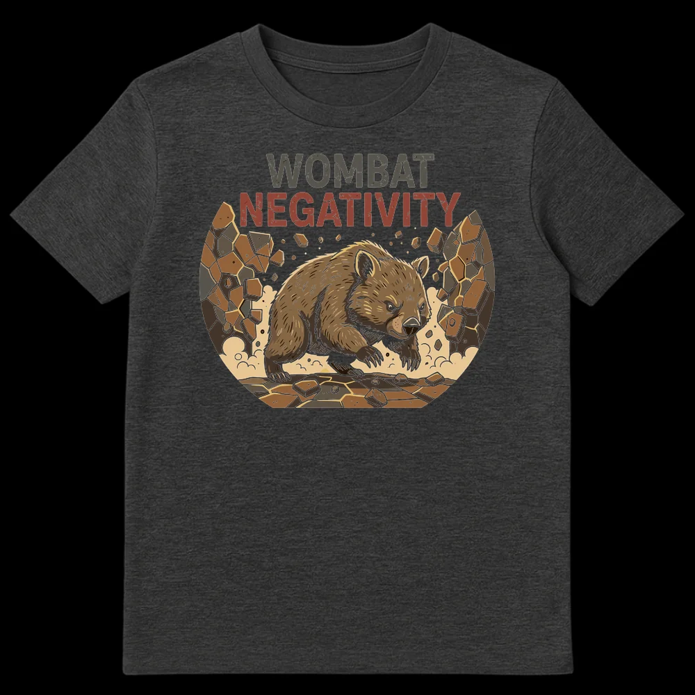 Wombat Negativity Pun T-Shirt featuring a charging wombat breaking through ground with distressed text "WOMBAT NEGATIVITY" on Dark Heather t-shirt