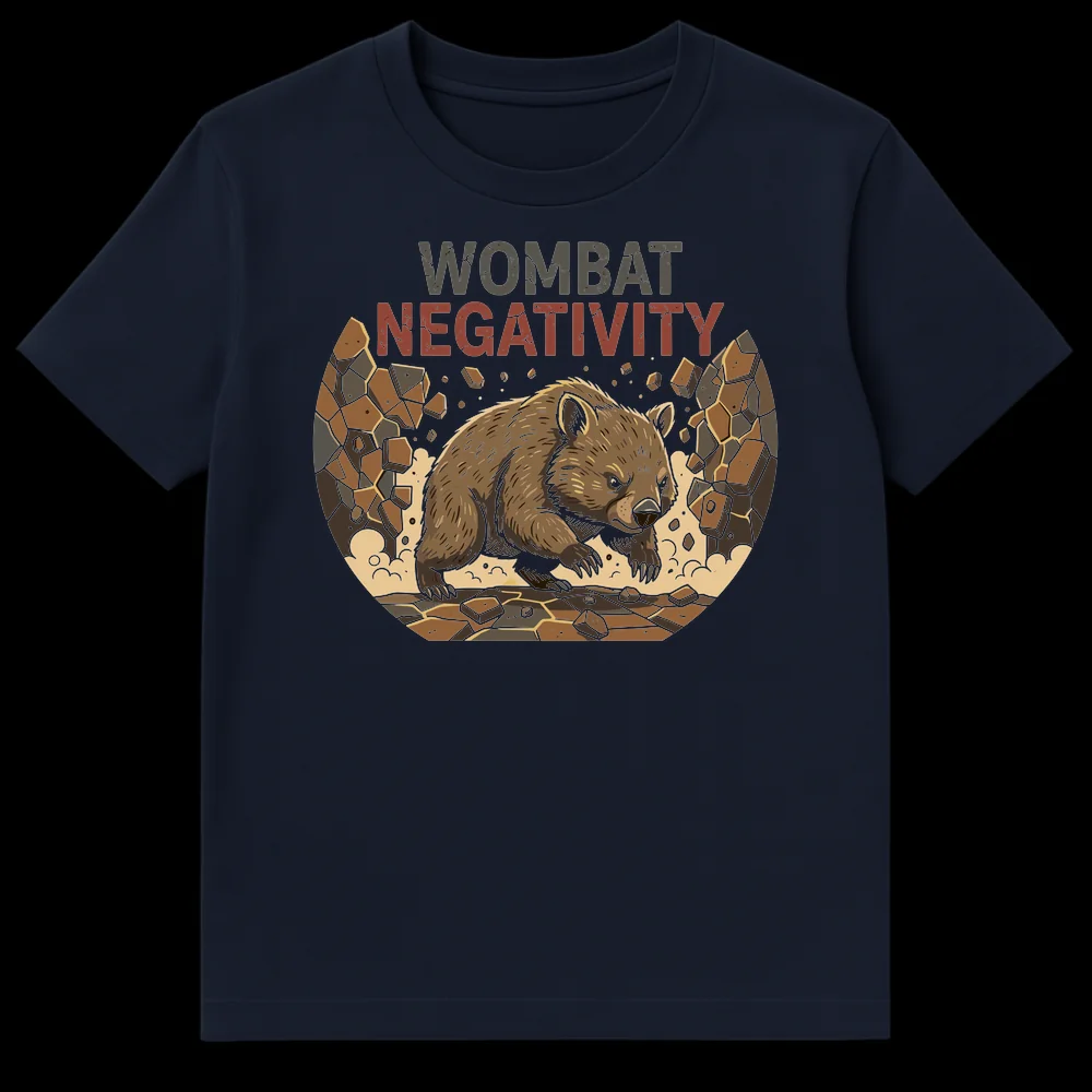 Wombat Negativity Pun T-Shirt featuring a charging wombat breaking through ground with distressed text "WOMBAT NEGATIVITY" on Navy Blue t-shirt