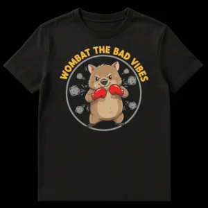 Cartoon Wombat The Bad Vibes t-shirt design with a boxing wombat in red gloves on Black t-shirt