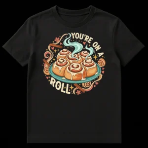 Black t-shirt with a graphic of cinnamon rolls on a teal plate with icing and steam, surrounded by decorative elements and the text 'YOU'RE ON A ROLL'. on Black t-shirt