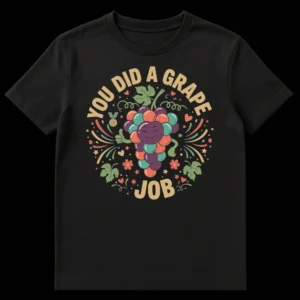 Cheerful 'YOU DID A GRAPE JOB' t-shirt featuring a cartoon grape giving a thumbs up surrounded by confetti and a medal, on a black background. on Black t-shirt