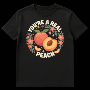 YOU'RE A REAL PEACH t-shirt with two peaches, leaves, flowers, and bees on a black background on Black t-shirt