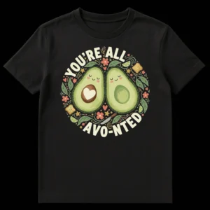 Black t-shirt with a whimsical hand-drawn design of two cute, anthropomorphic avocado halves (one with a heart) surrounded by avocado toast elements and the text 'YOU'RE ALL AVO-NTED' in a creamy off-white. on Black t-shirt