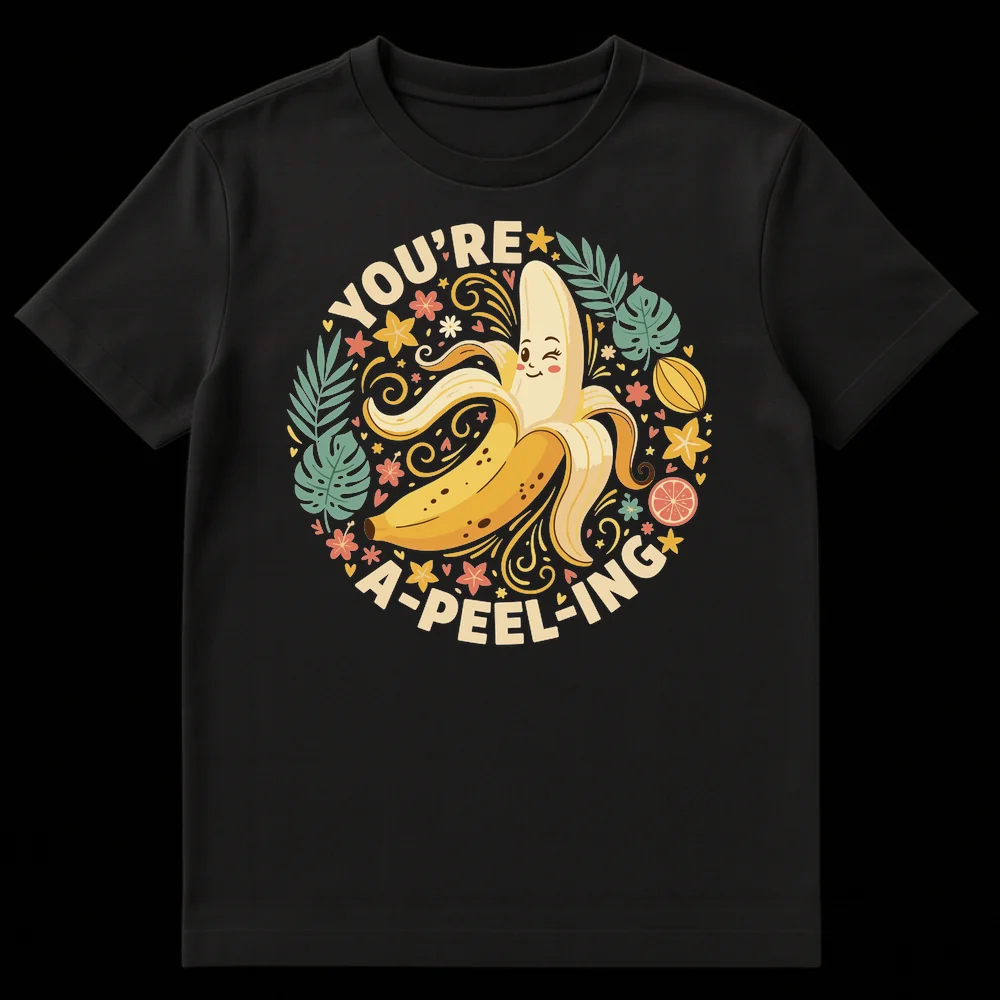Black t-shirt with a vibrant, playful design featuring a winking, partially peeled banana surrounded by tropical leaves, flowers, and other fruits. The text 'YOU'RE A-PEEL-ING' arches above and below the banana. on Black t-shirt