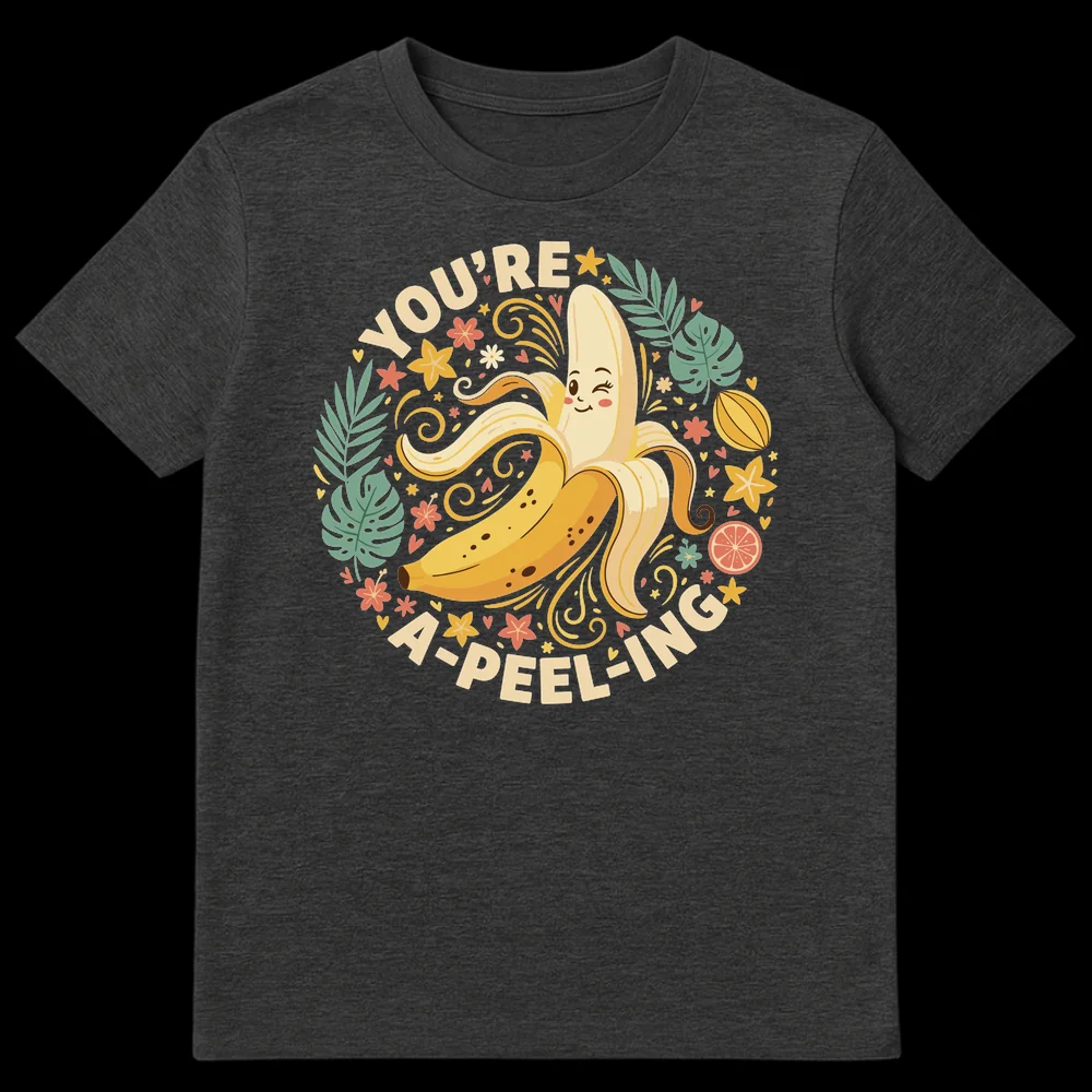 Black t-shirt with a vibrant, playful design featuring a winking, partially peeled banana surrounded by tropical leaves, flowers, and other fruits. The text 'YOU'RE A-PEEL-ING' arches above and below the banana. on Dark Heather t-shirt