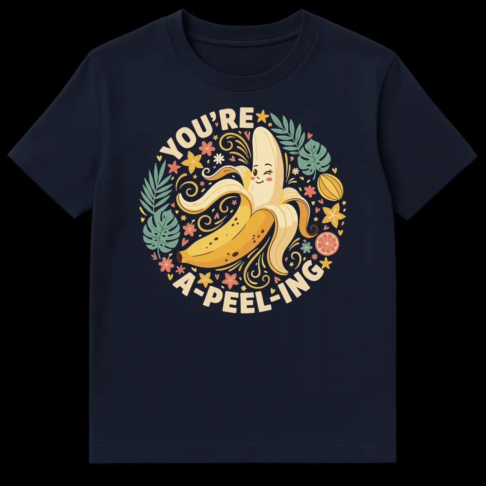 Black t-shirt with a vibrant, playful design featuring a winking, partially peeled banana surrounded by tropical leaves, flowers, and other fruits. The text 'YOU'RE A-PEEL-ING' arches above and below the banana. on Navy Blue t-shirt