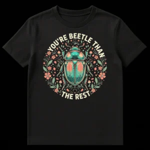 You're Beetle Than The Rest T-Shirt with stylized beetle and botanical elements on black background on Black t-shirt