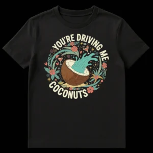 YOU'RE DRIVING ME COCONUTS T-Shirt with vintage tropical coconut and cocktail illustration on Black t-shirt