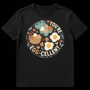 YOU'RE EGG-CELLENT t-shirt with cartoon fried eggs, chickens, and a basket of eggs in a whimsical style against a black background. on Black t-shirt