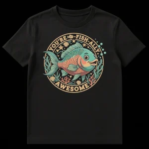 YOU'RE FISH-ALLY AWESOME t-shirt with a smiling cartoon fish and underwater elements in a circular design on Black t-shirt