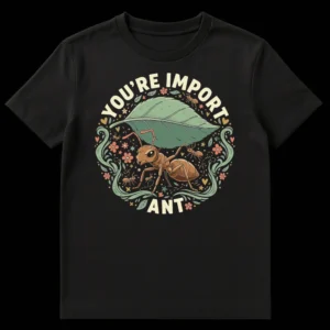 Black t-shirt with 'YOU'RE IMPORT ANT' text and a cartoon ant carrying a leaf, surrounded by whimsical nature elements like vines, flowers, hearts, and stars in muted earthy tones. on Black t-shirt