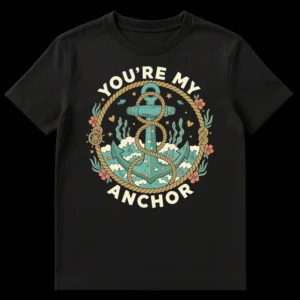 Vintage nautical 'YOU'RE MY ANCHOR' t-shirt design with anchor, rope, waves, fish, hearts, and ship's wheel on a black background. on Black t-shirt
