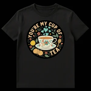 YOU'RE MY CUP OF TEA t-shirt with whimsical teacup design, hearts, lemon, biscuits, and flowers on black fabric on Black t-shirt