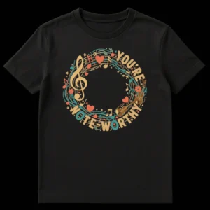 Retro-inspired black t-shirt with a musical wreath design featuring a treble clef, violins, and musical notes. Text says 'YOU'RE NOTE-WORTHY' in an earthy color palette. on Black t-shirt