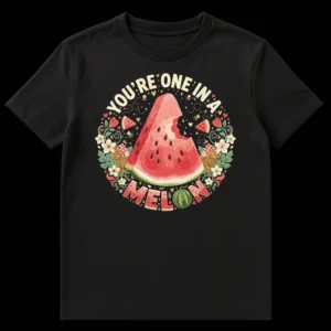 Watermelon 'YOU'RE ONE IN A MELON' pun t-shirt with botanical wreath, bees, and picnic baskets on Black t-shirt