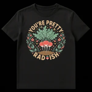 YOU'RE PRETTY RAD ISH t-shirt with stylized radishes, flowers, and butterflies on a dark background on Black t-shirt