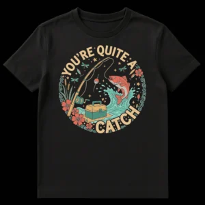 Retro cartoon fishing t-shirt with a leaping redfish, fishing rod, and "YOU'RE QUITE A CATCH" text in a muted, earthy color palette on black. on Black t-shirt