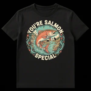 YOU'RE SALMON SPECIAL t-shirt with leaping salmon, bears, and river scene on Black t-shirt
