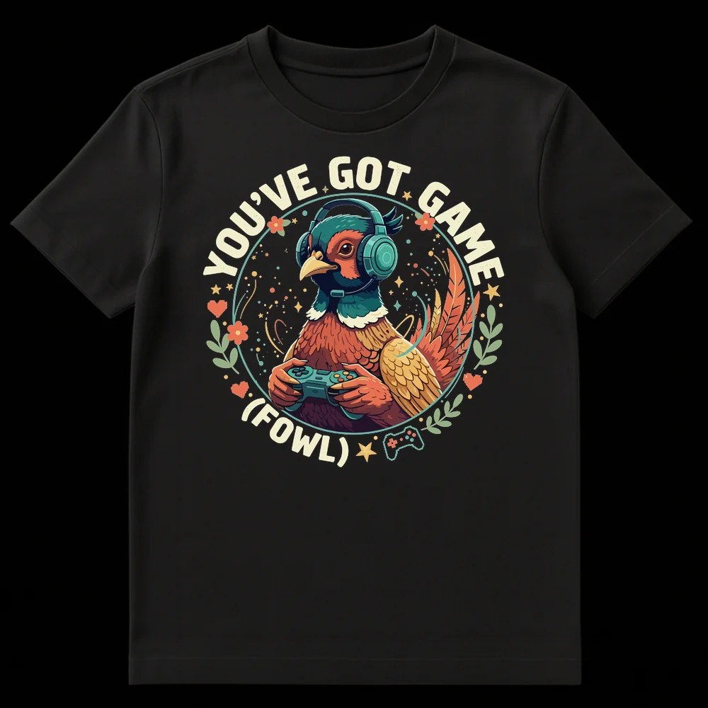 T-shirt with an illustration of a pheasant bird wearing a gaming headset and holding a controller, with the text 'YOU'VE GOT GAME (FOWL)'. on Black t-shirt