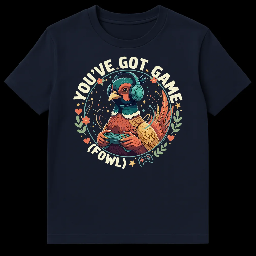 T-shirt with an illustration of a pheasant bird wearing a gaming headset and holding a controller, with the text 'YOU'VE GOT GAME (FOWL)'. on Navy Blue t-shirt
